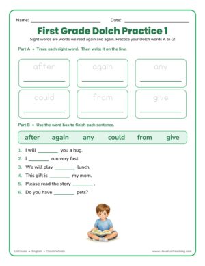 First grade Dolch sight words A to G worksheet