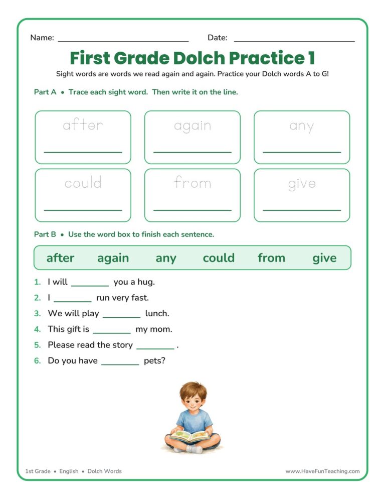 First Grade Sight Words A to G Worksheet