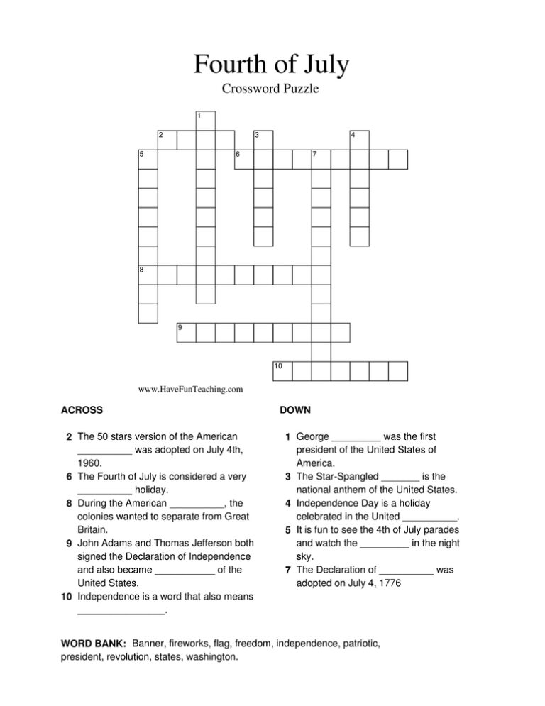 4th Of July Crossword Puzzle