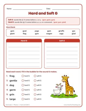 Hard and Soft G worksheet for 2nd grade phonics with a word sort activity and answer key