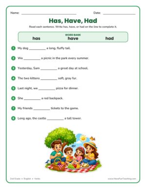 Has, have, had verb worksheet for 2nd grade with a word bank and eight fill-in-the-blank sentences and a picnic scene