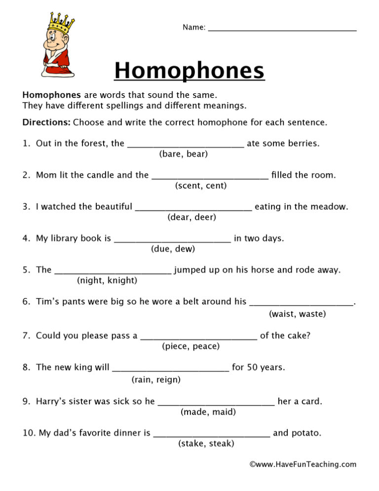 Homophones Fill in the Blank Worksheet