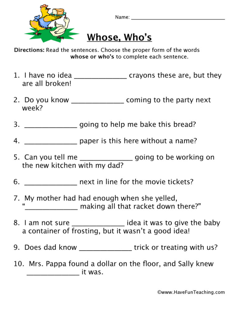 Whose, Who's Homophones Worksheet