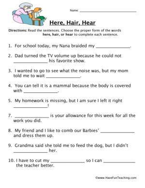 Completing Sentences with Homophones Worksheet