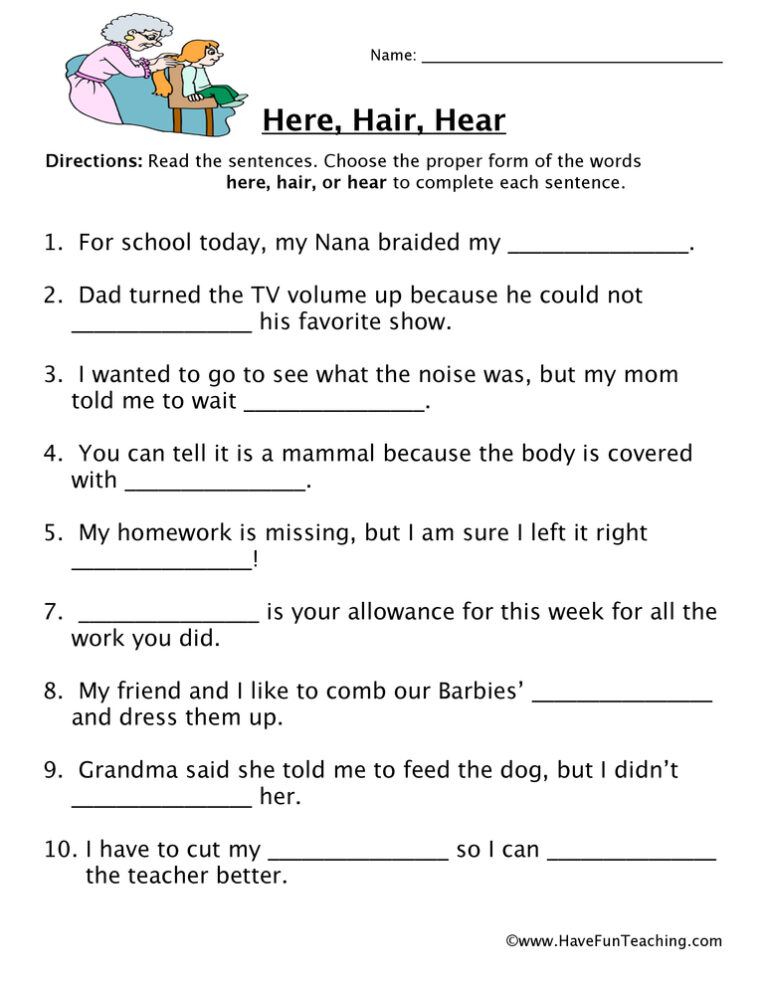 Here, Hair, Hear Homophones Worksheet