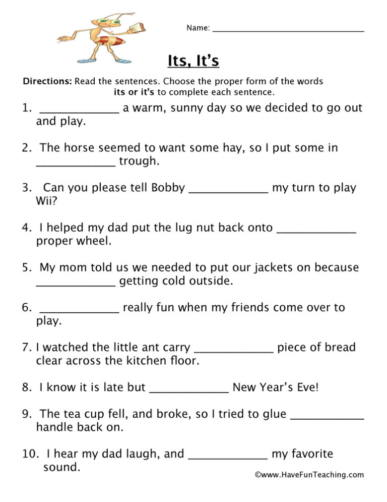 Its, It's Homophones Worksheet