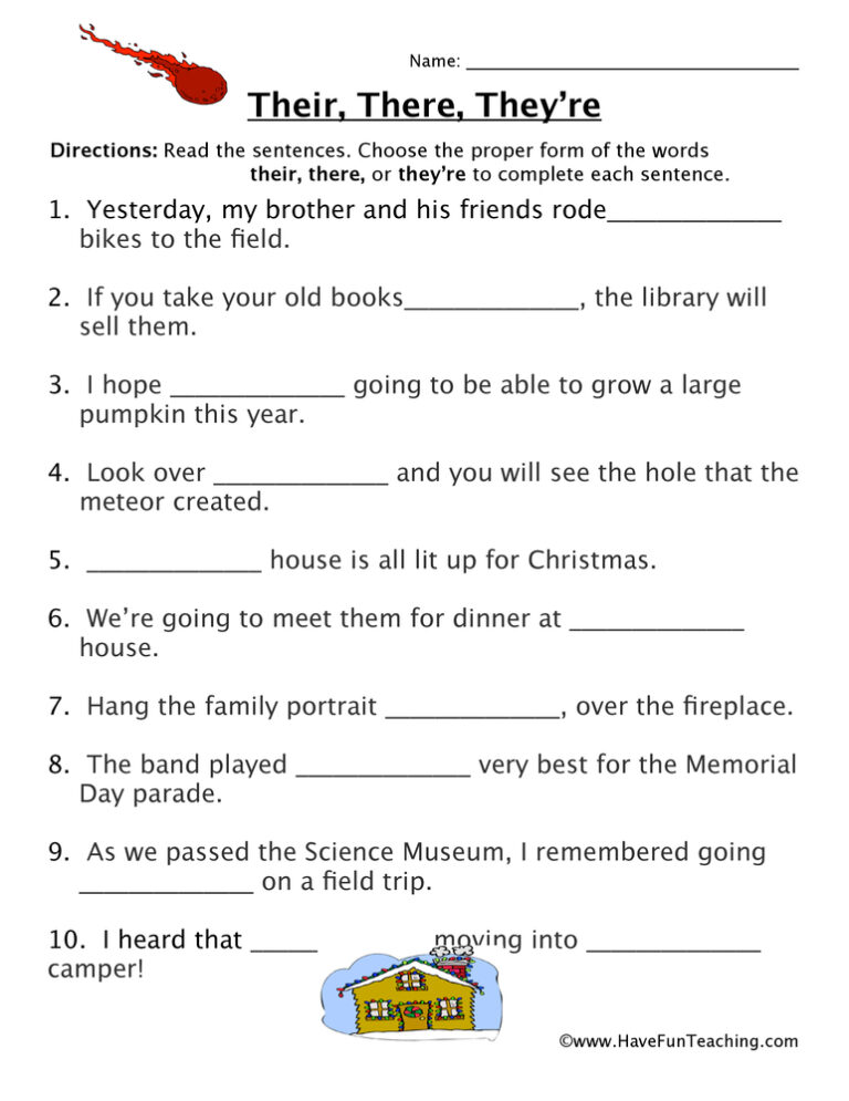 Their, There, They're Fill in the Blank Homophones Worksheet
