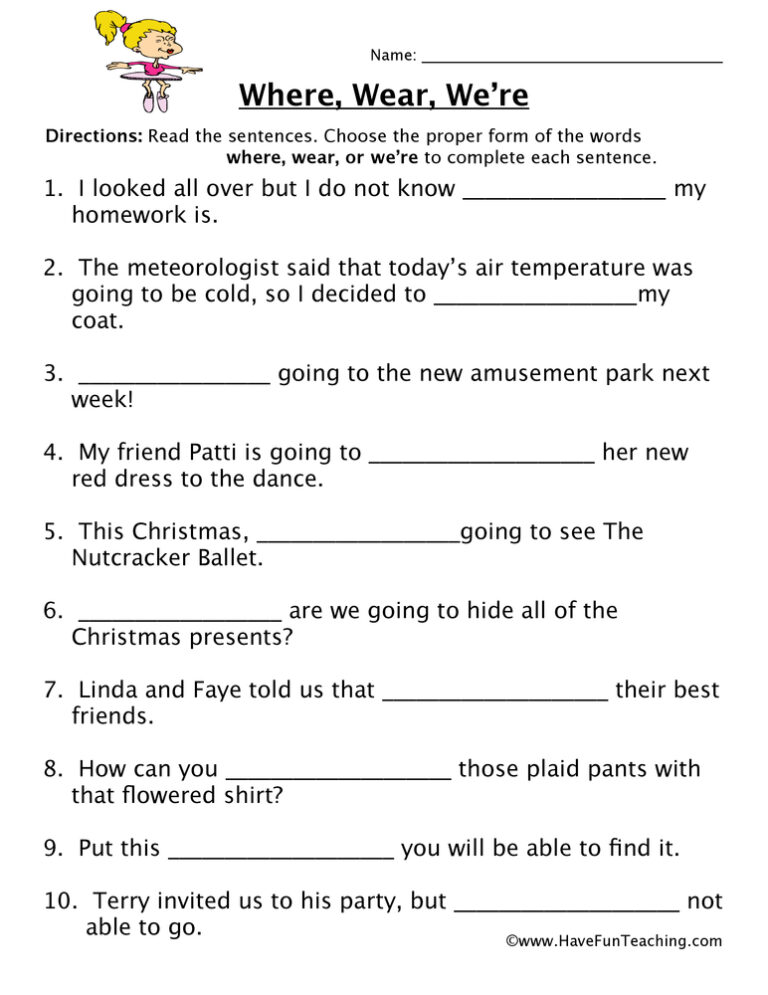Where, Wear, We're Homophones Worksheet