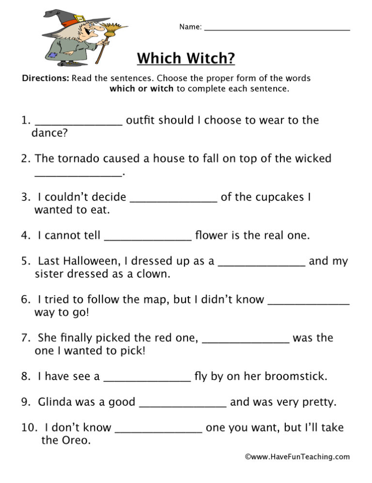 Which, Witch Homophones Worksheet
