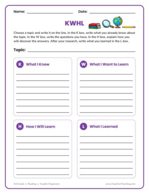 3rd grade KWHL graphic organizer worksheet