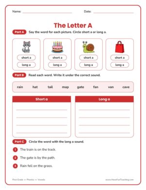 First grade short and long vowel A phonics worksheet