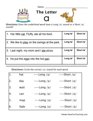 Short and Long Vowel A Worksheet
