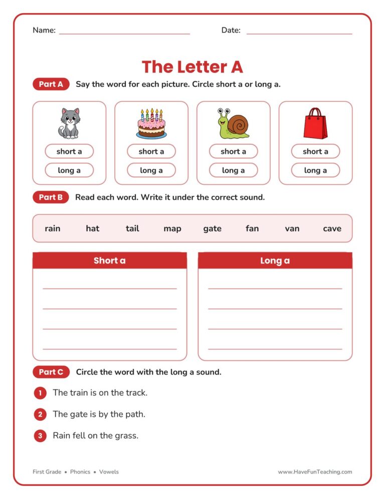 Short and Long Vowel A Worksheet
