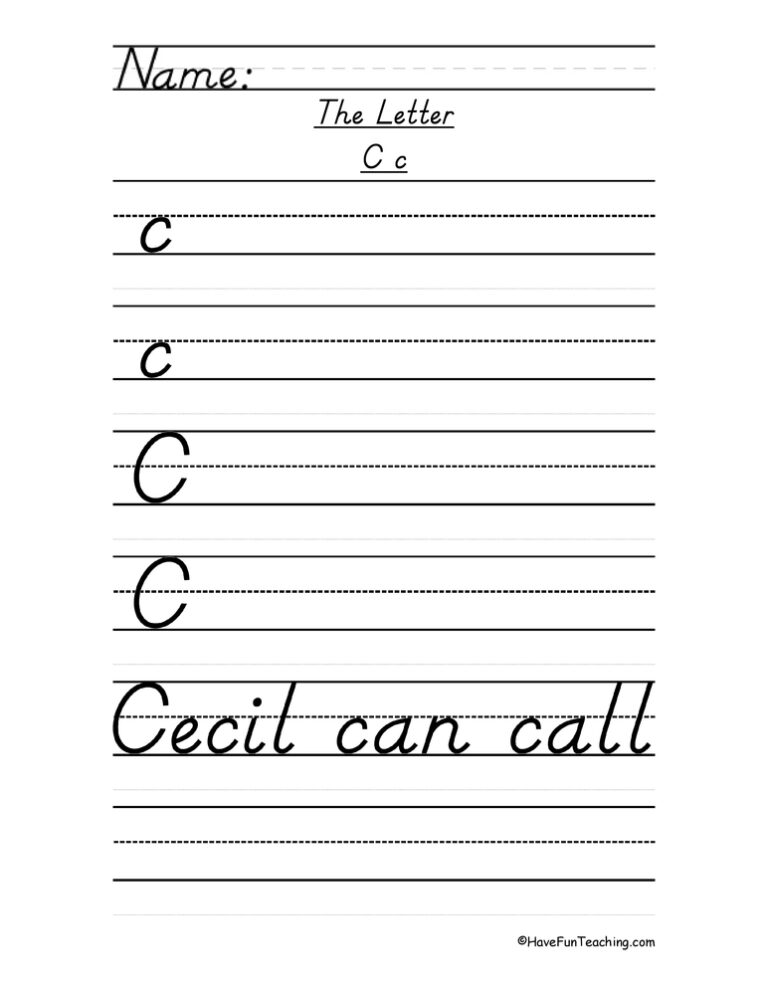 Letter C D'Nealian Script Handwriting Practice Worksheet