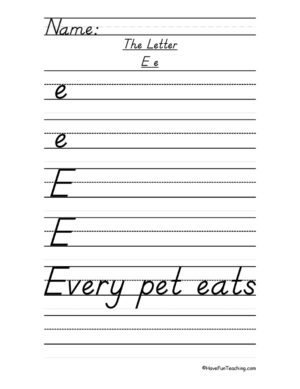Letter E D'Nealian Script Handwriting Practice Worksheet