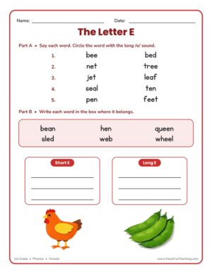 1st Grade short and long vowel E worksheet