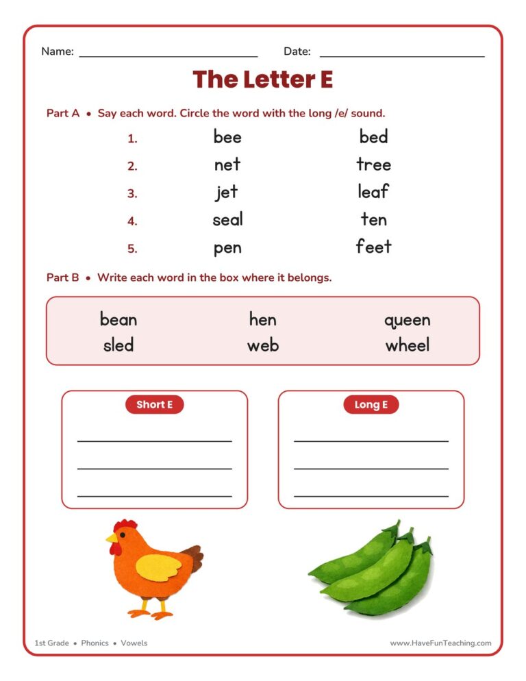 Short and Long Vowel E Worksheet