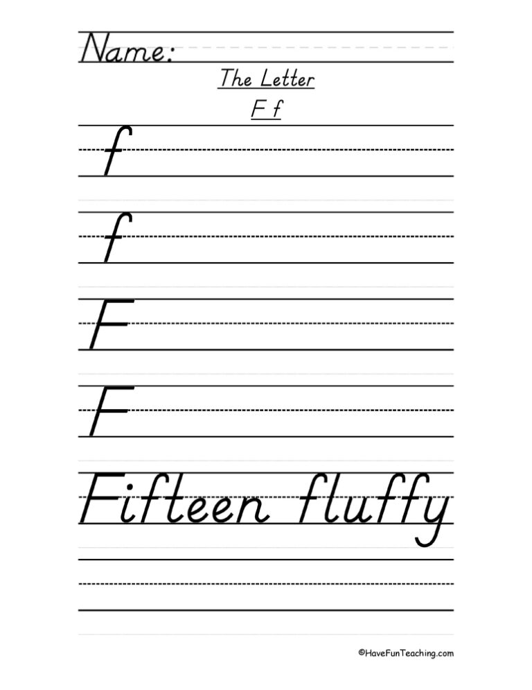 Letter F D'Nealian Script Handwriting Practice Worksheet