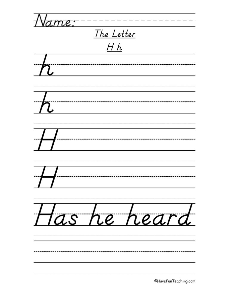 Letter H D'Nealian Style Handwriting Practice Worksheet