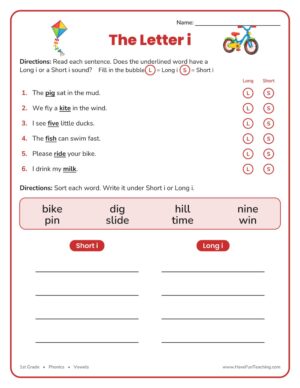 First grade short and long vowel i phonics worksheet