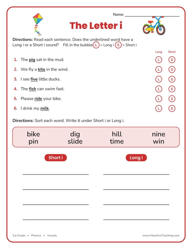 Short and Long Vowel I Worksheet