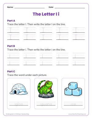 Kindergarten letter I handwriting practice worksheet