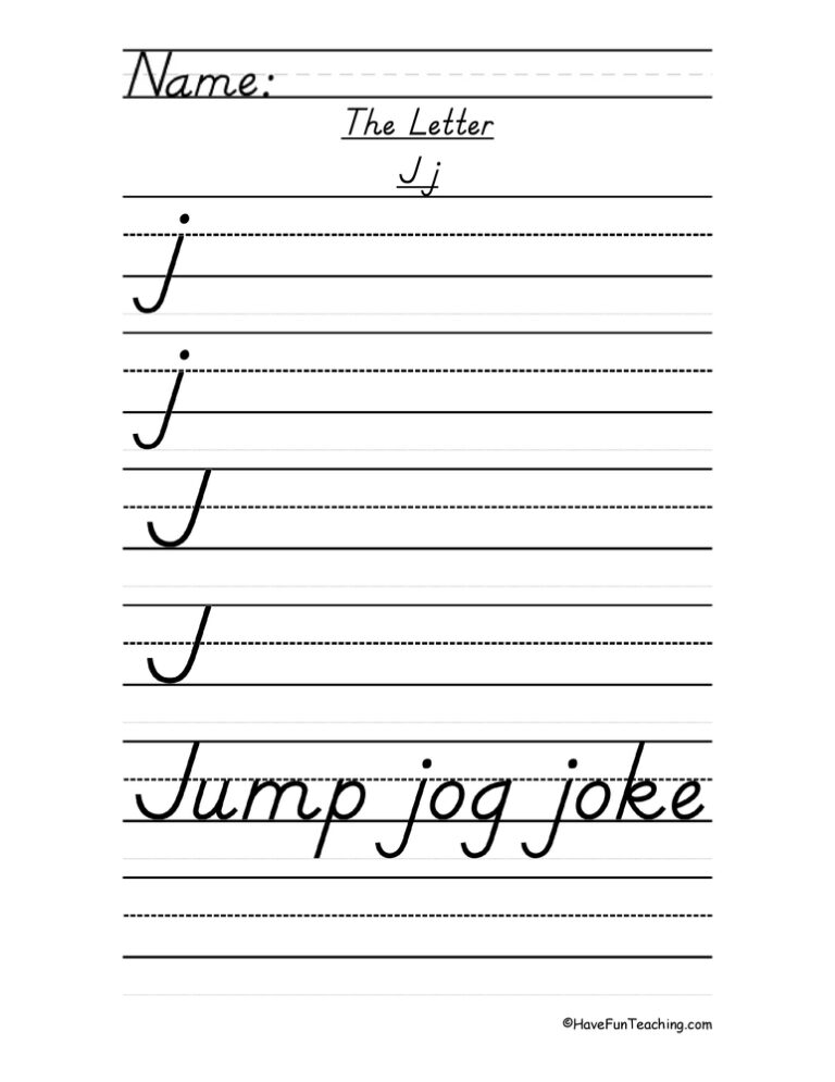 Letter J D'Nealian Style Handwriting Practice Worksheet