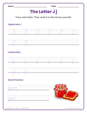 Kindergarten Letter J handwriting practice worksheet