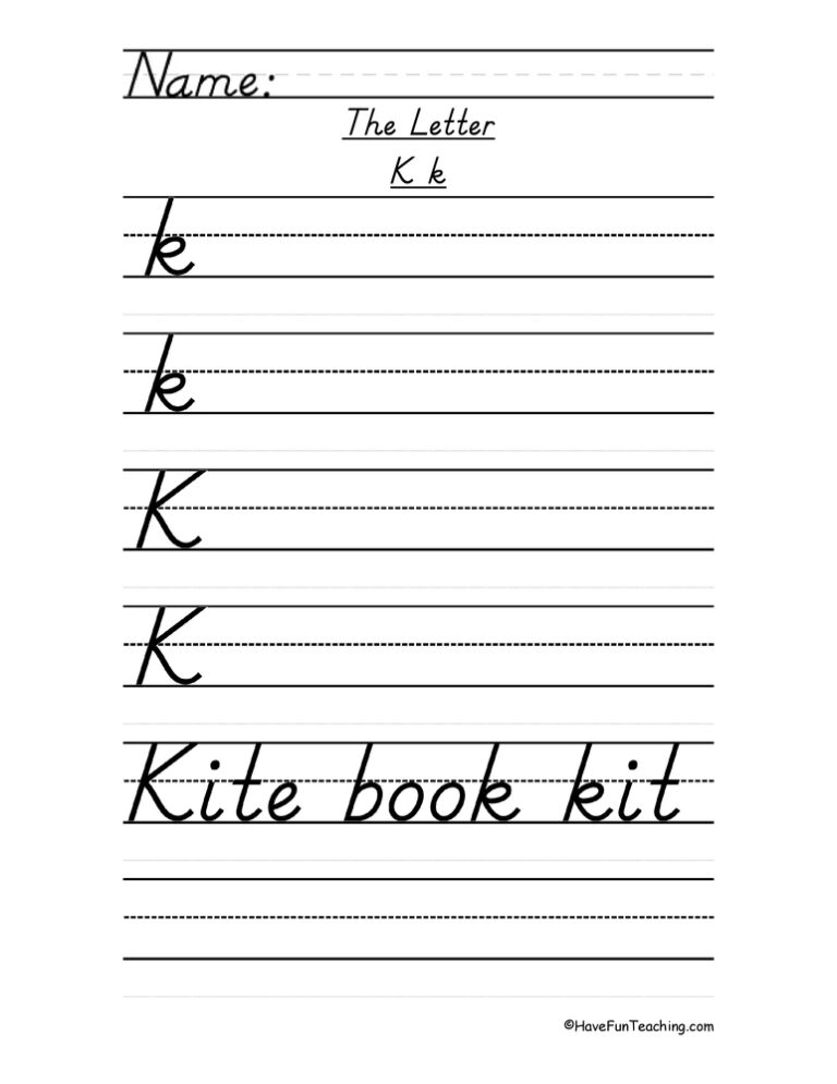 Letter K D'Nealian Style Handwriting Practice Worksheet - Have Fun Teaching