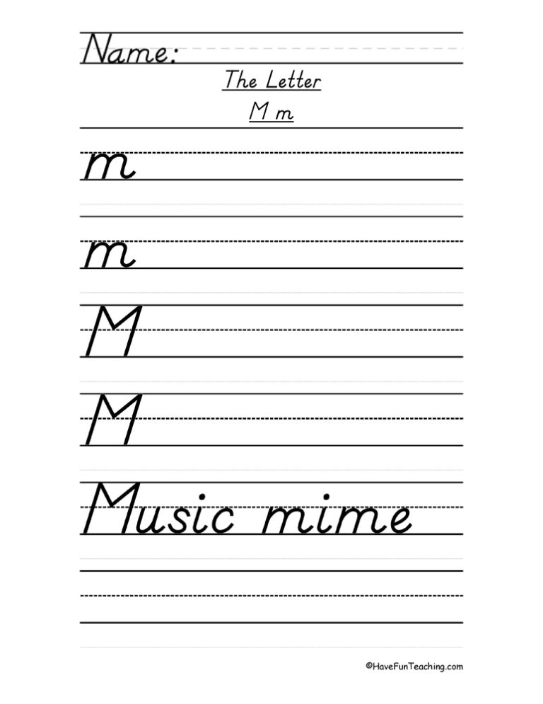 Letter M D'Nealian Style Handwriting Practice Worksheet