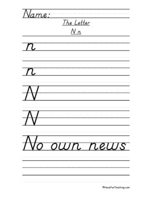 Letter N D'Nealian Style Handwriting Practice Worksheet