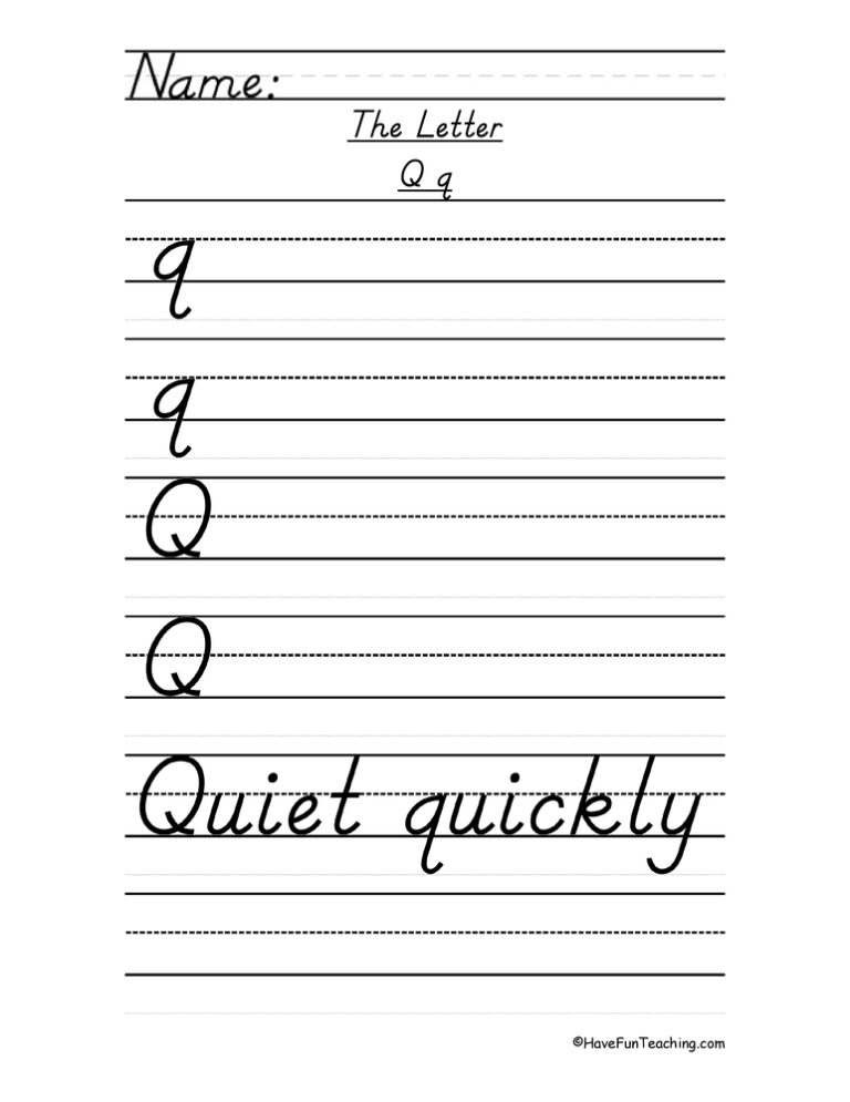 Letter Q D'Nealian Style Handwriting Practice Worksheet