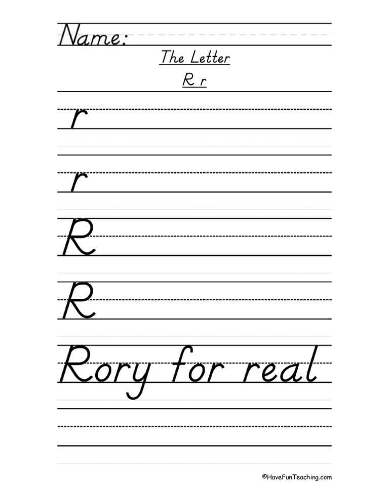 Letter R D'Nealian Style Handwriting Practice Worksheet