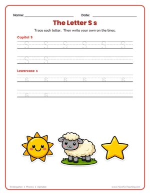 Letter S handwriting practice worksheet for kindergarten with three-line guides to trace and write capital S and lowercase s.