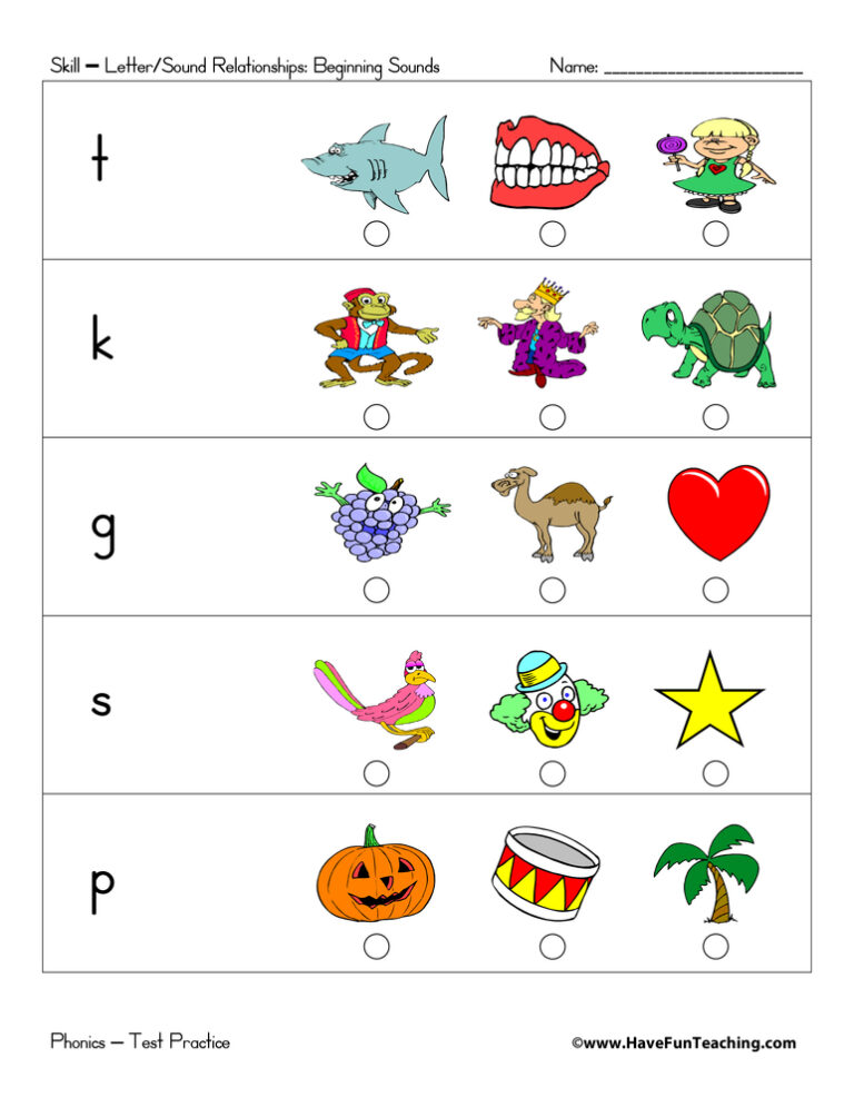 Student Led Beginning Sounds Test Practice Worksheet