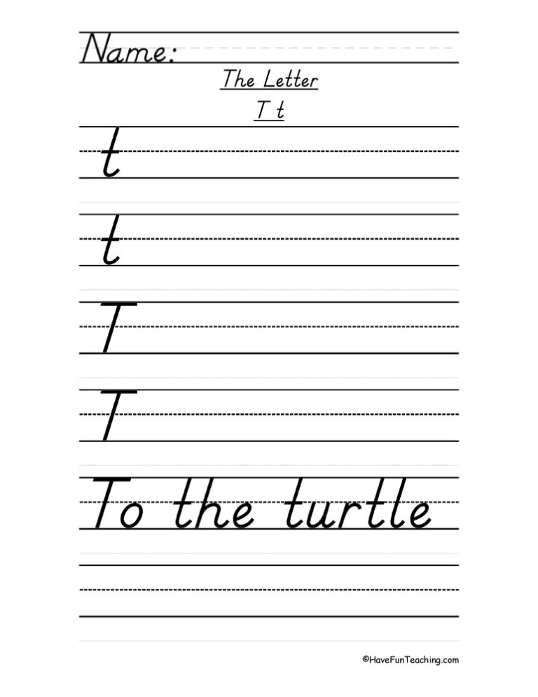 Letter T D'Nealian Style Handwriting Practice Worksheet
