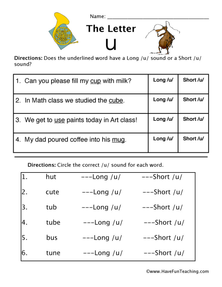 Short and Long Vowel U Worksheet