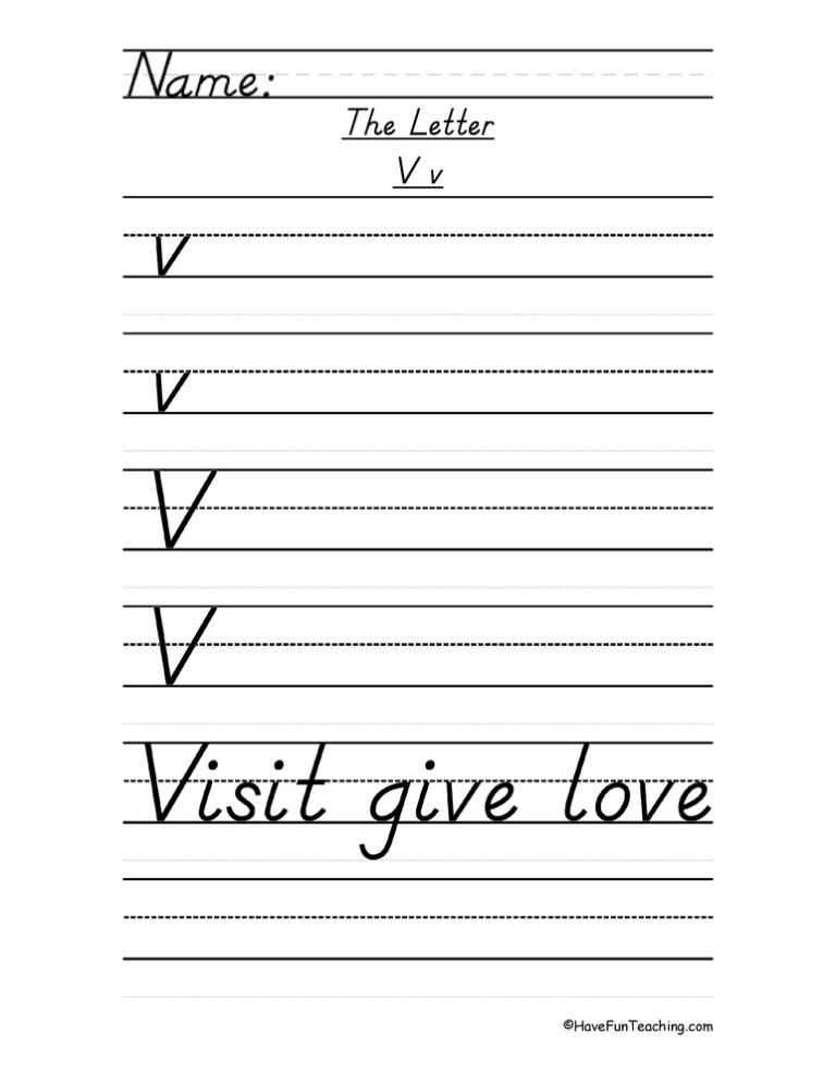 Letter V D'Nealian Style Handwriting Practice Worksheet
