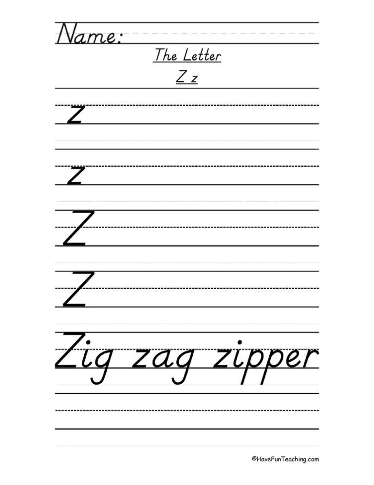 Letter Z D'Nealian Style Handwriting Practice Worksheet