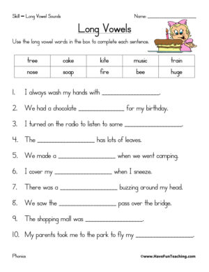 Long Vowels Fill in the Blank Worksheet