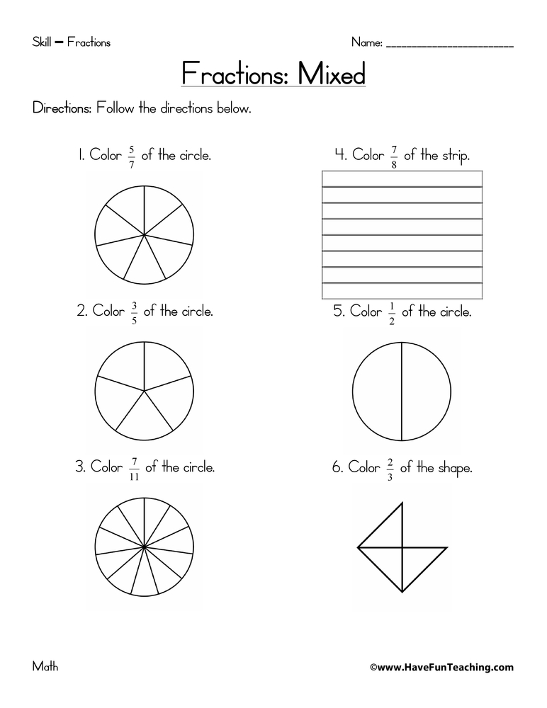 Mixed Review Fractions Worksheet