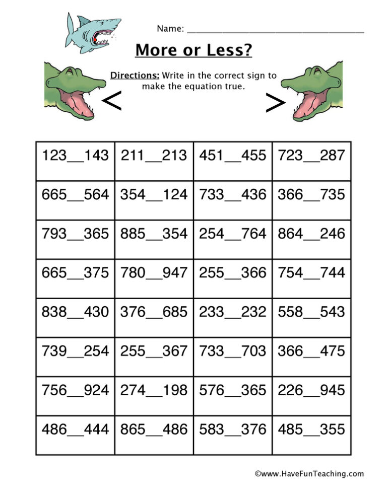 Three Digit More or Less Worksheet