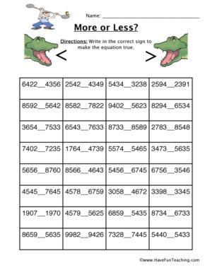 Four Digit More or Less Worksheet