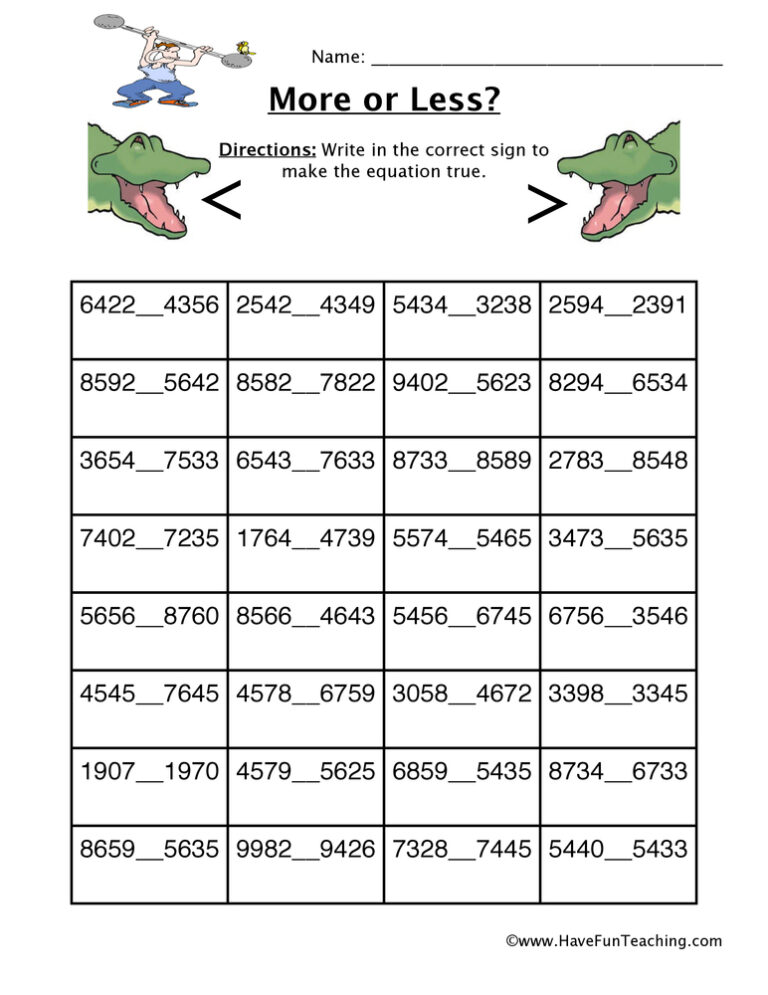 Four Digit More or Less Worksheet