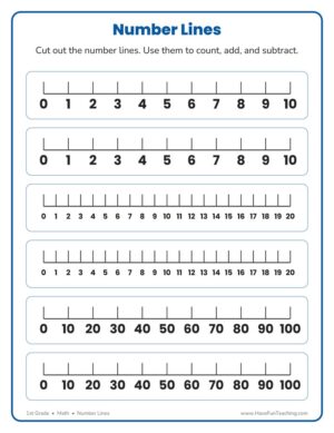 1st grade number lines worksheet with six cut-out number lines