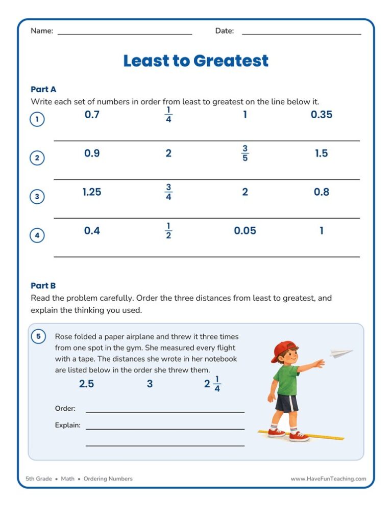 Ordering Fractions, Decimals, and Whole Numbers Worksheet