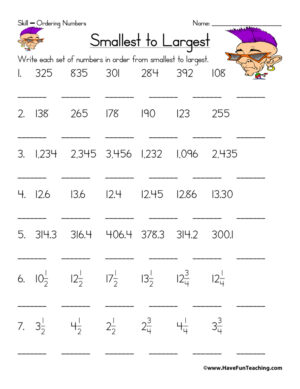 Ordering Sets of Numbers Worksheet