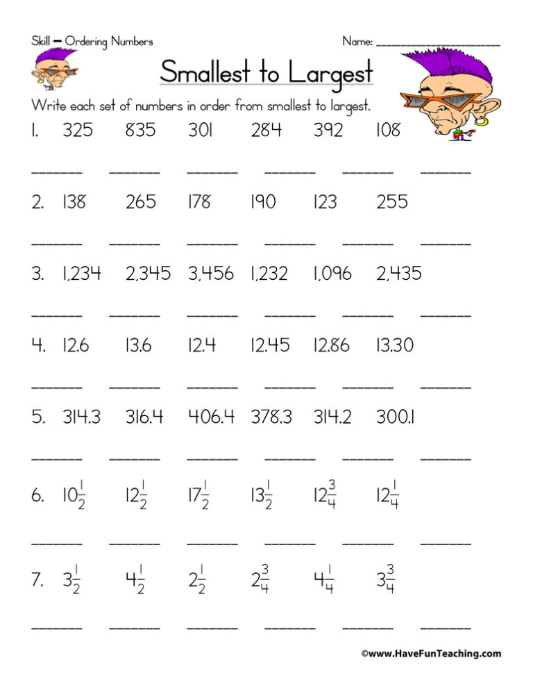 Ordering Sets of Numbers Worksheet