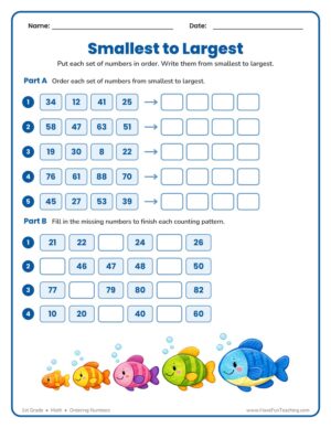 1st Grade Ordering Numbers worksheet: order numbers from smallest to largest