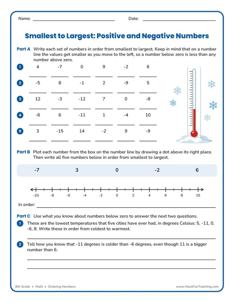 Ordering Positive and Negative Numbers Worksheet